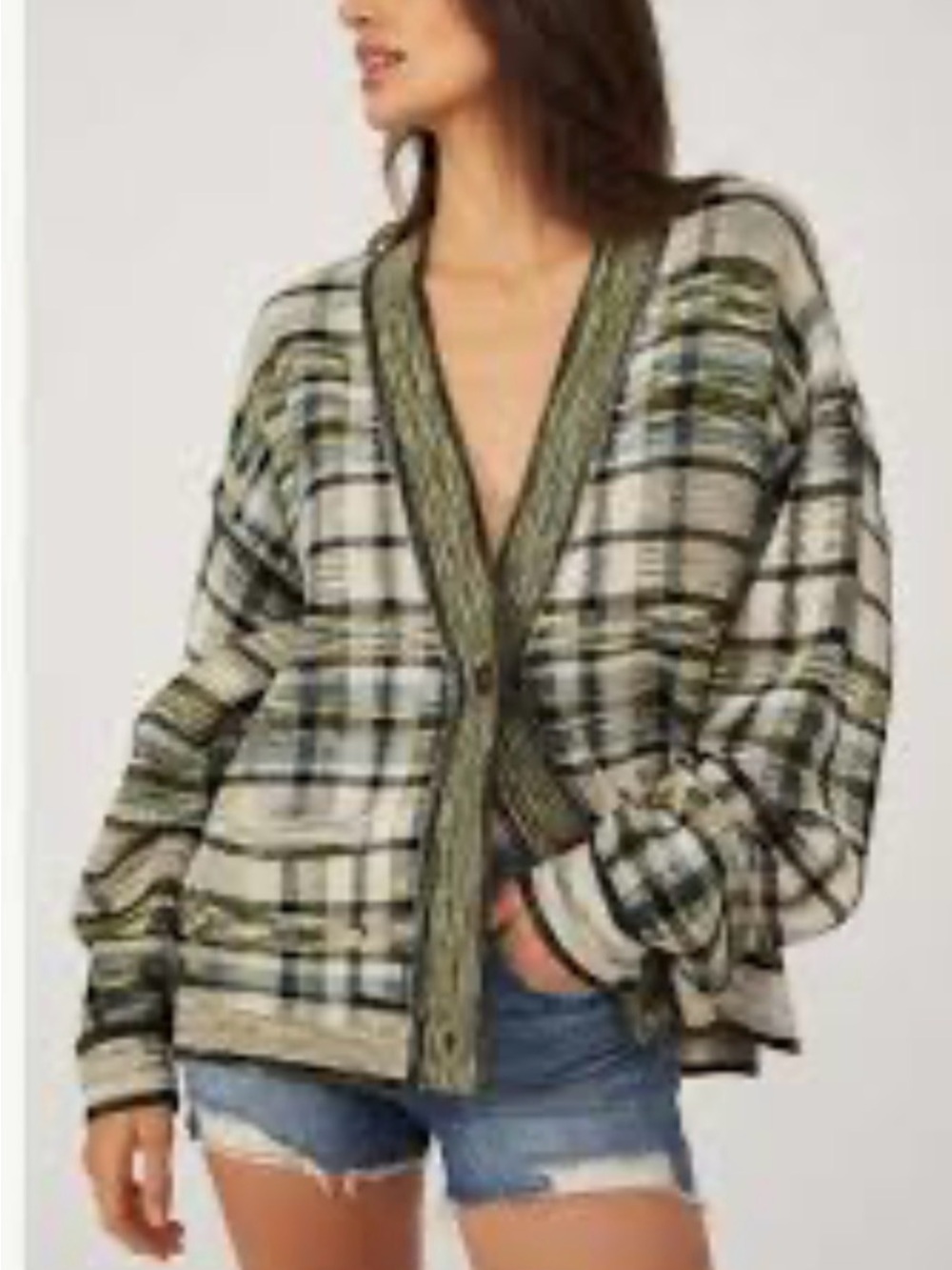 Free People Plaid Knit Cardigan in Cream, Black, Olive